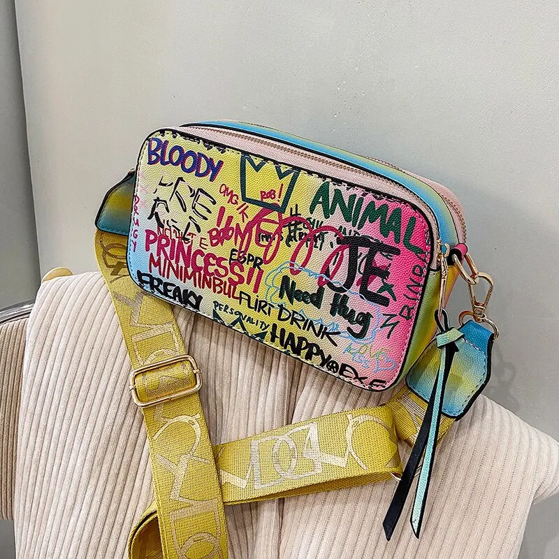 էѧӧܧ Graffiti Design Small PU Leather Crossbody Shoulder Bags for Women 2021 Lady Trendy Travel Branded Handbags Purses