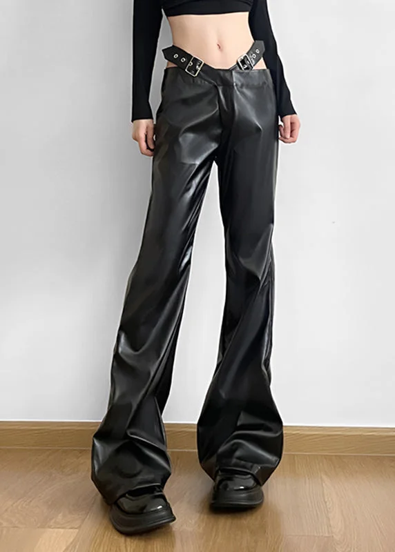 Handmade Black Patchwork Faux Leather Pants Spring
