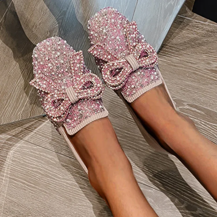 Crystal Bow Flat Breathable Loafers