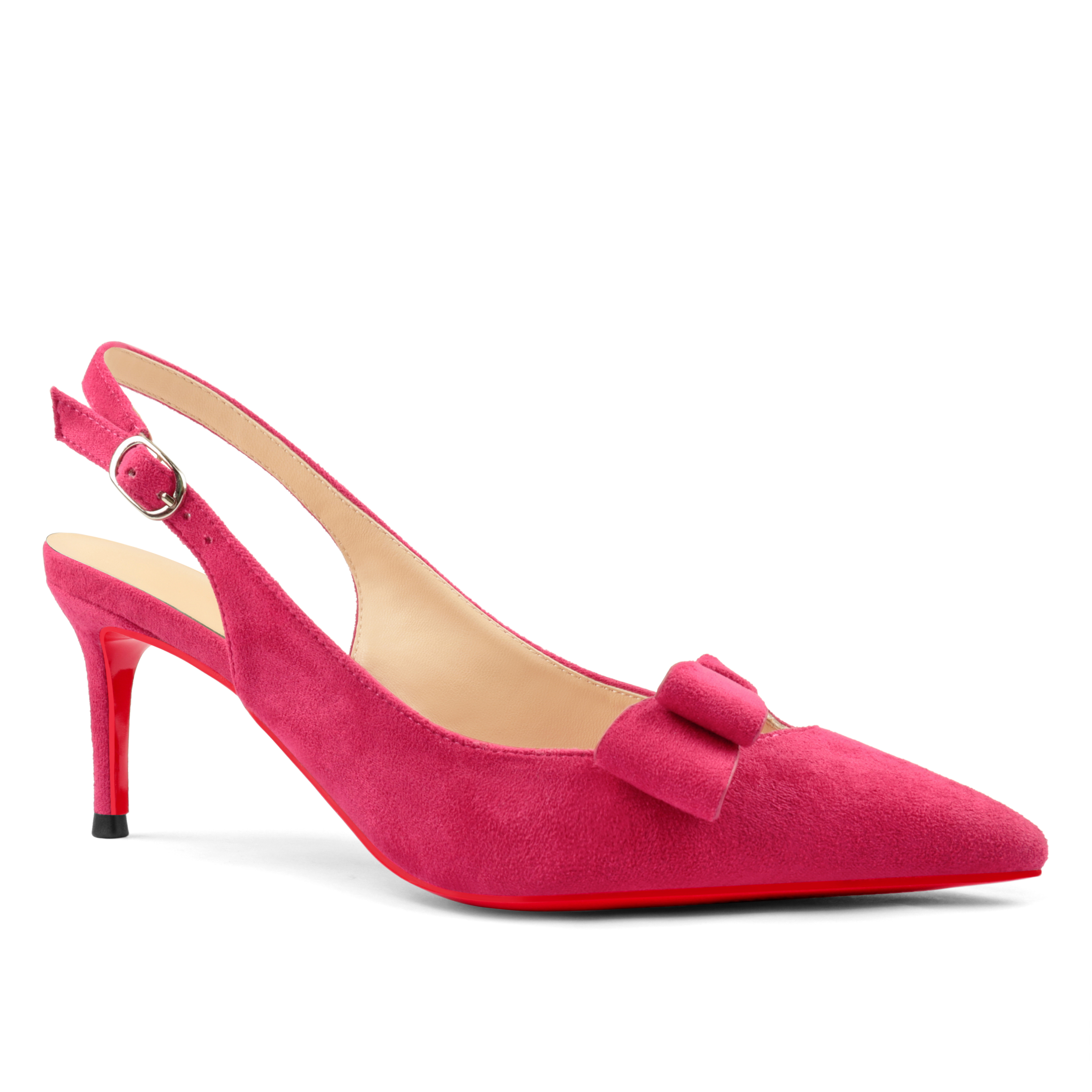 60mm Women's Pointed Toe Kitten Heels Bow-Knot Slingback Pumps Red Bottom Suede Sandals-MERUMOTE