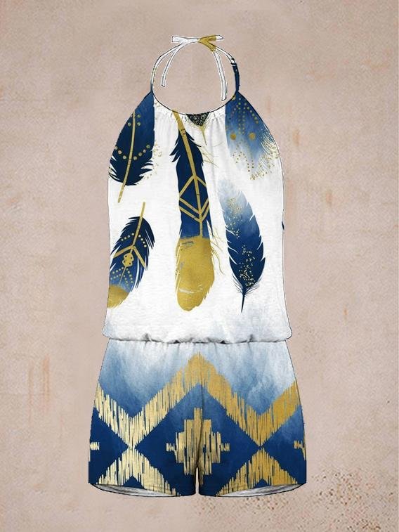 Women's casual sleeveless feather print jumpsuit-Mayoulove