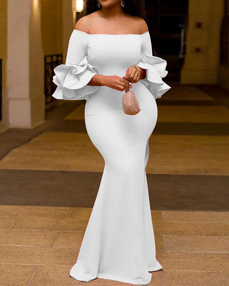 Single Collar Solid Color Evening Dress Maxi Dress