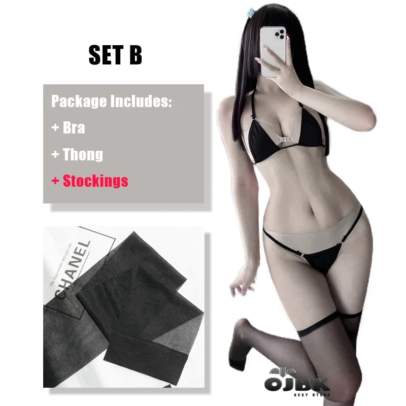 OJBK New Women Underwear Set Mini Halter String Triangle Bra And Thong Bikini Two Piece Swimsuit Cosplay Costumes For Girls 2021