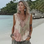 Women's Vintage Floral Art Linen Patchwork Sleeveless Top - Image 2
