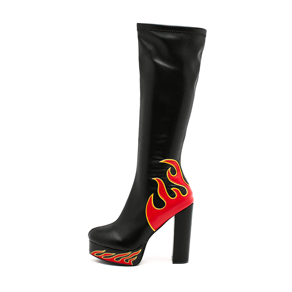 Black Closed-Toe Flame Print Chunky Heel Tall Boots with Platform Nicepairs