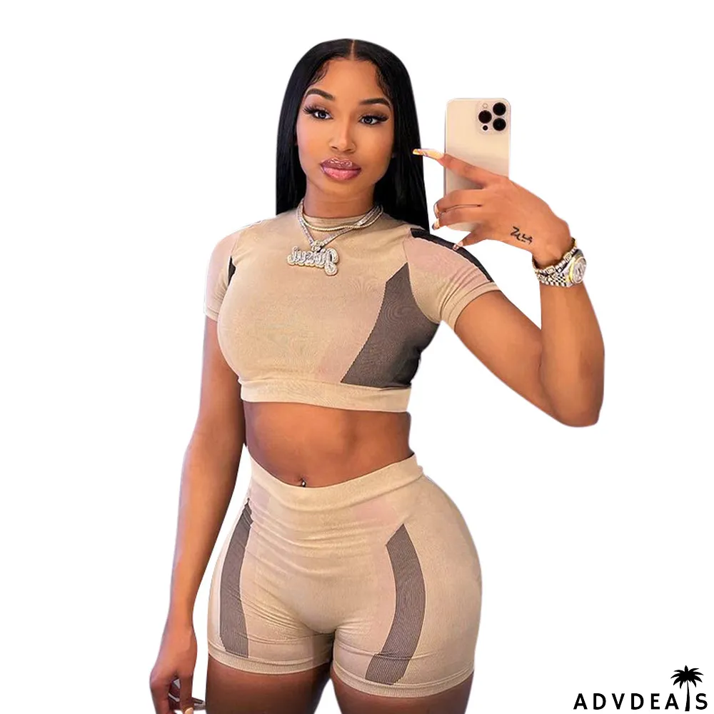 Women Summer Color Block Crop T-Shirt and Shorts Two-Piece Set