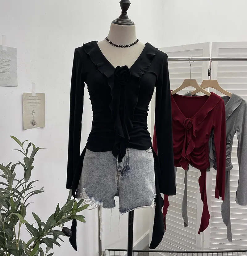 Uveng Han's New V-Neck Flower Irregular Lotus Leaf Edge Ribbon Slim Thin T-Shirt Short Top 1227