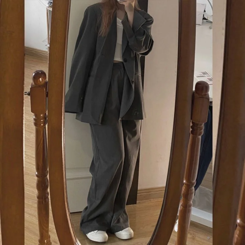 2021 spring autumn black gray suit Korean niche slit coat + wide-leg casual pants women's two-piece elegant suits female sets