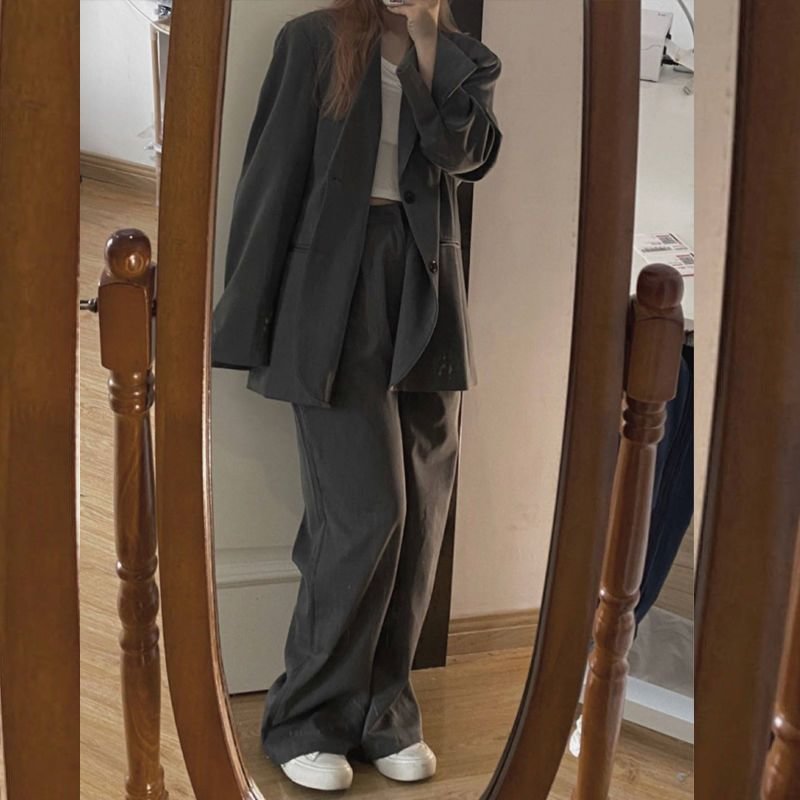 2021 spring autumn black gray suit suit Korean niche slit coat + white T-shirt + wide-leg casual pants women's three-piece suits