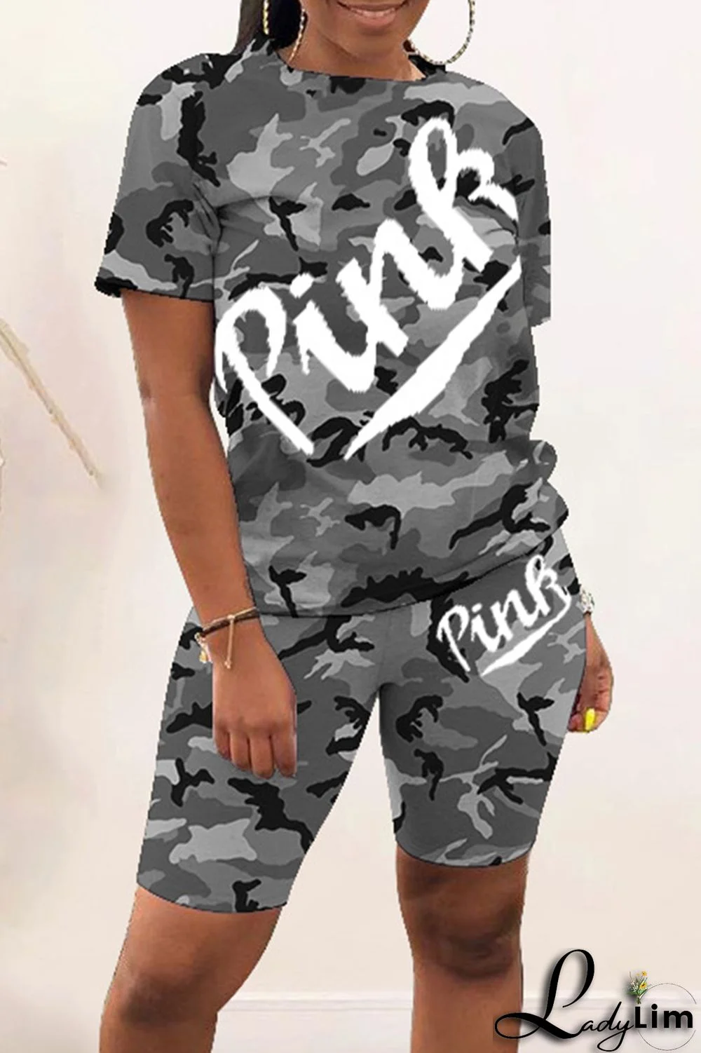 Red Fashion Casual Letter Camouflage Print Basic O Neck Short Sleeve Two Pieces