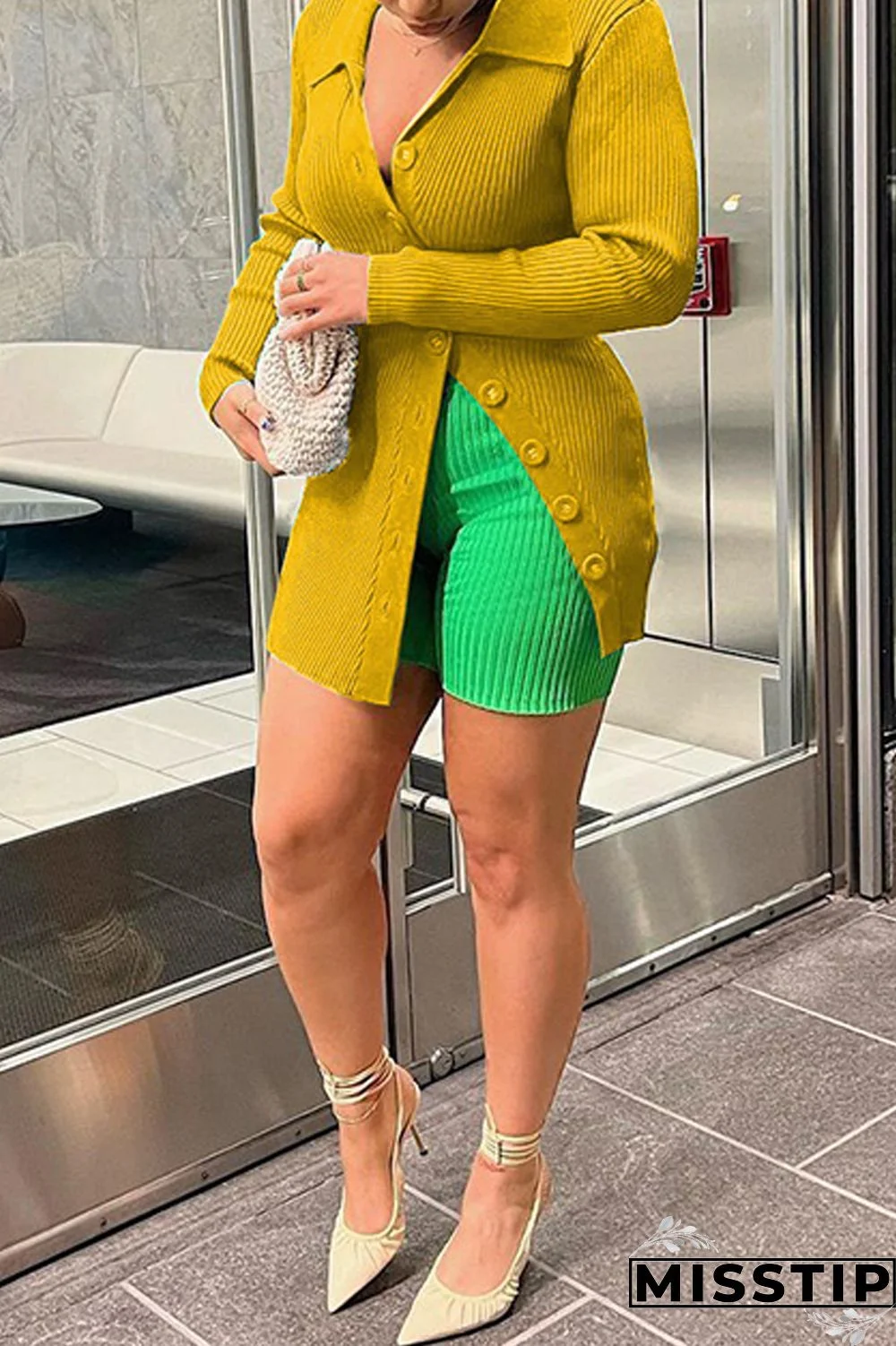 Earth Yellow Casual Solid Patchwork Buttons Turndown Collar Tops