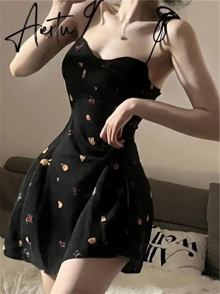 Aiertu Summer Y2K Retro Floral Spaghetti Strap Bow Black Dress Mini Fashion Aesthetic Club Party Sexy Dresses for Women A-line Sundress Aiertu