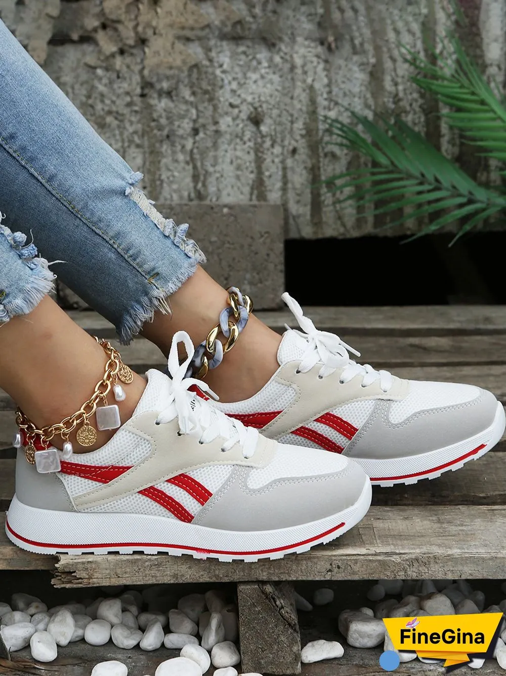 Color Block Sports All Season Split Joint Flat Heel Round Toe Fabric Fabric Lace-Up Sneakers for Women
