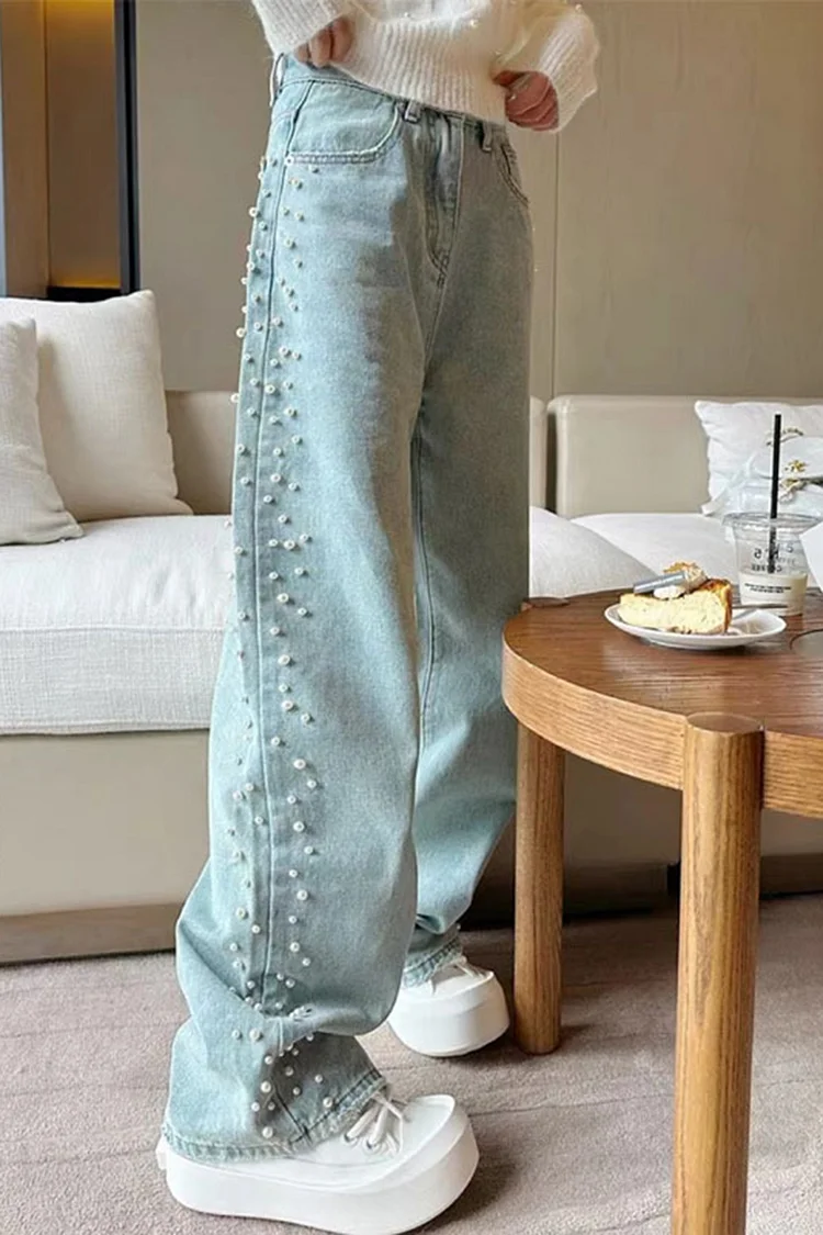 Pearl Beaded Decor Wide Leg Denim Jeans-Light Blue
