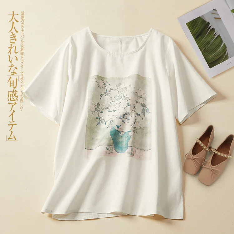 Women's Cotton Linen T-Shirt Vintage Floral Print U Neck Loose Oversize Top