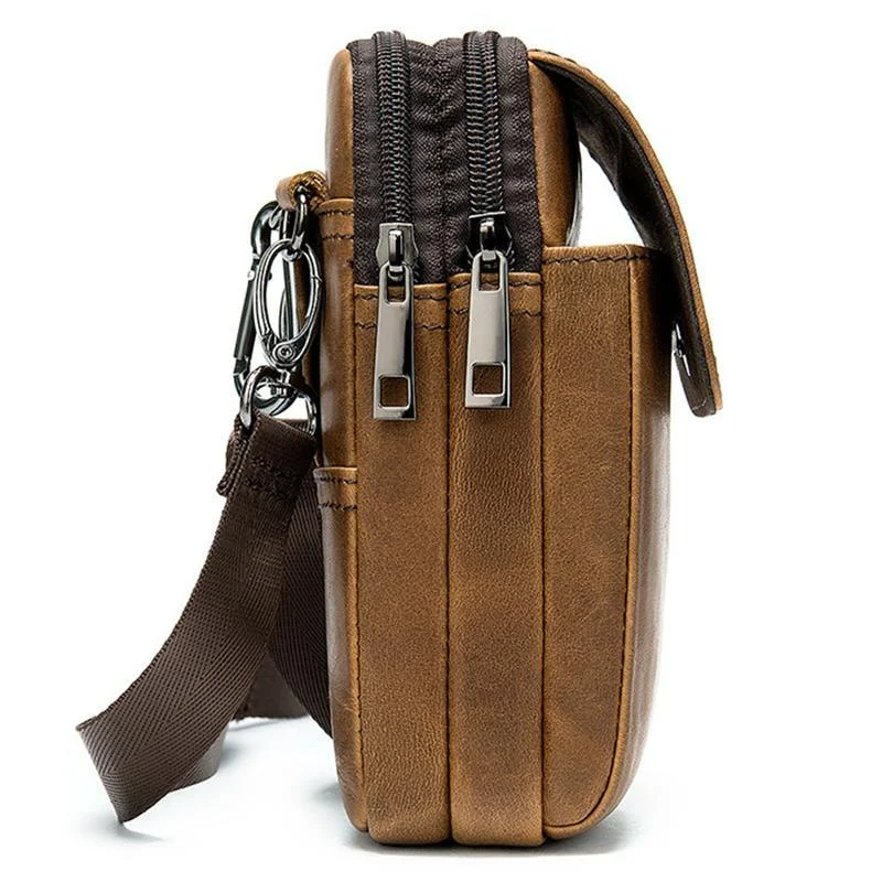 Men's Casual Cowhide Leather Double Zippers Crossbody Packs Waist Bag