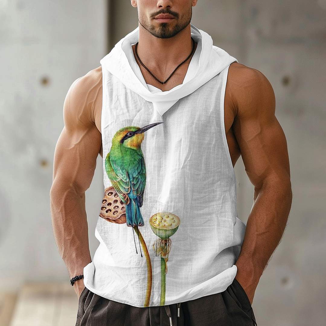 Men's Bird Print Linen Sleeveless Hooded Shirt