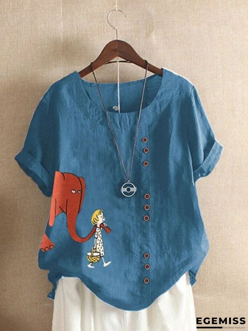 Blue Floral Cotton-Blend Short Sleeve Shirts & Tops | EGEMISS