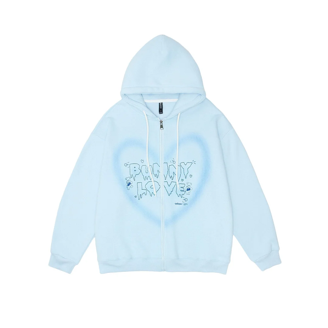 Y2k Zip Up Hoodie Graffiti Heart Letter Floral Fleece Sweatshirt