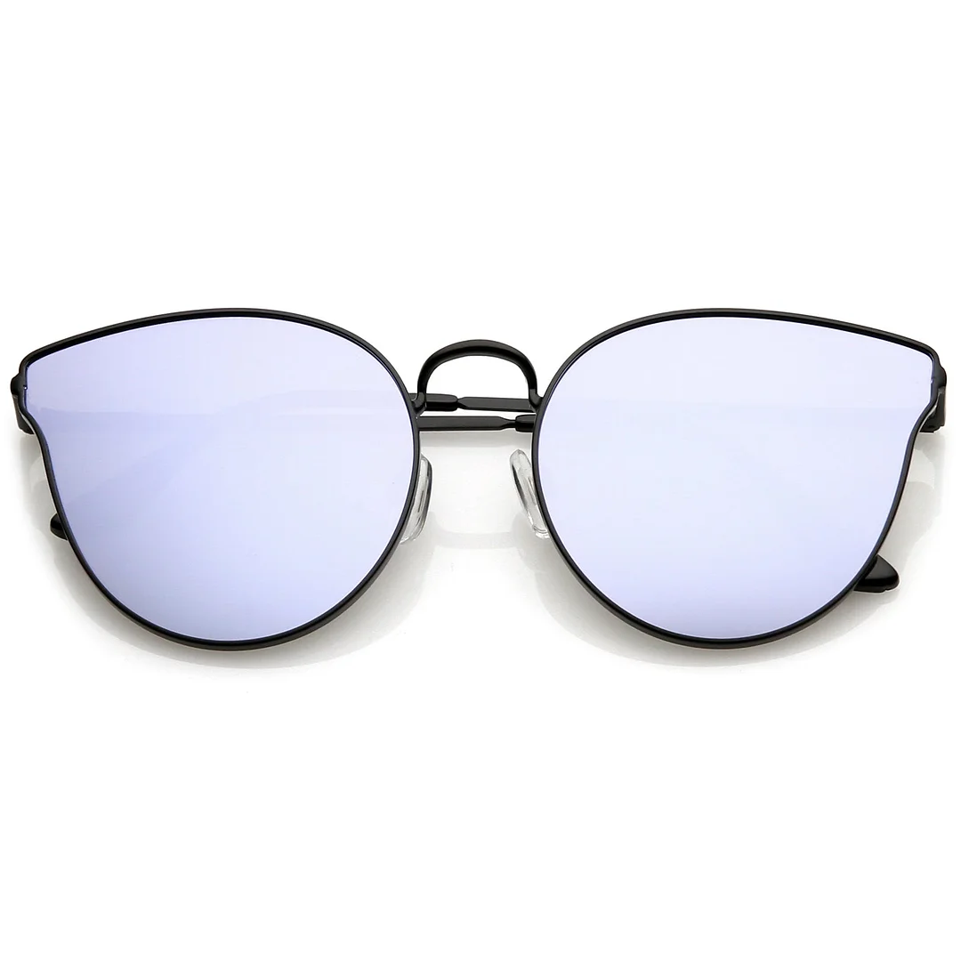 Premium Metal Cat Eye Sunglasse With Slim Arms And Round Colored Mirror Flat Lens 54mm