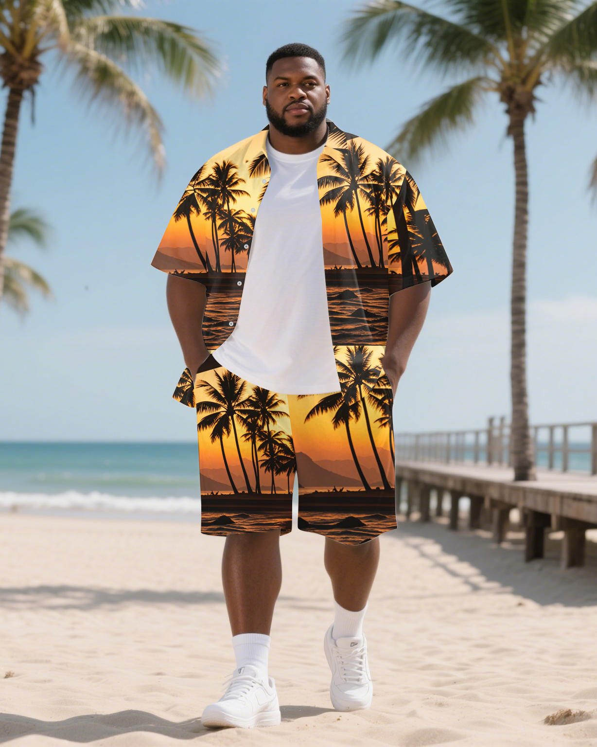 Big Men's Seaside Sunset Romantic Hawaiian Theme 2-Piece Short Sleeve Shirt Shorts Suits