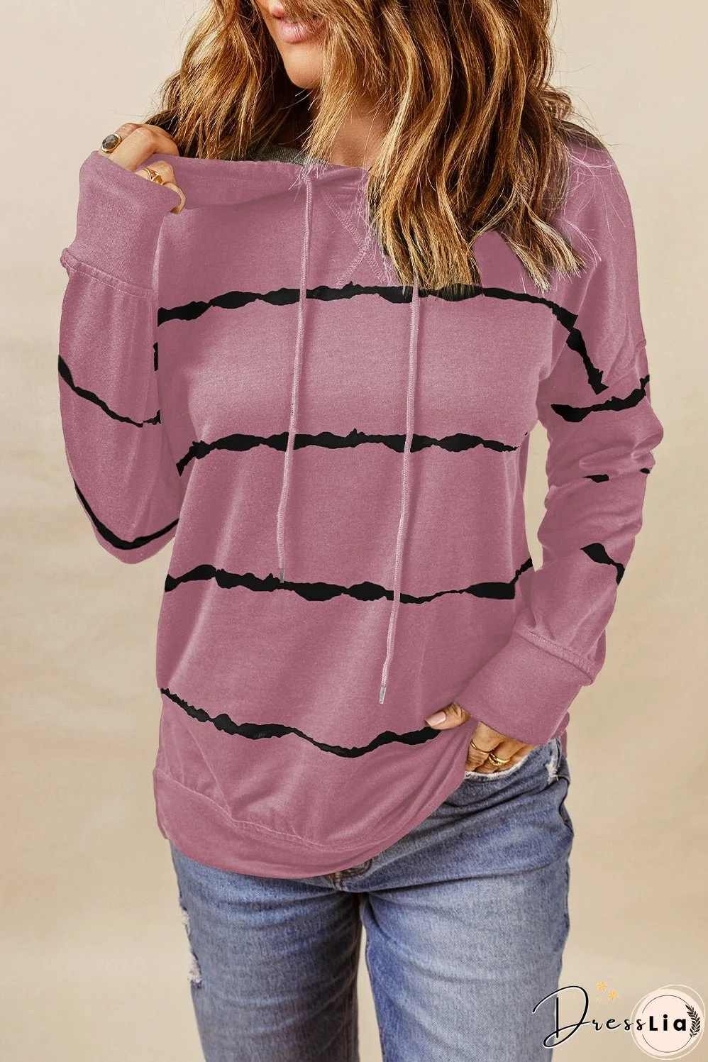 Pink Tie-dye Striped Hoodie with Side Split Details