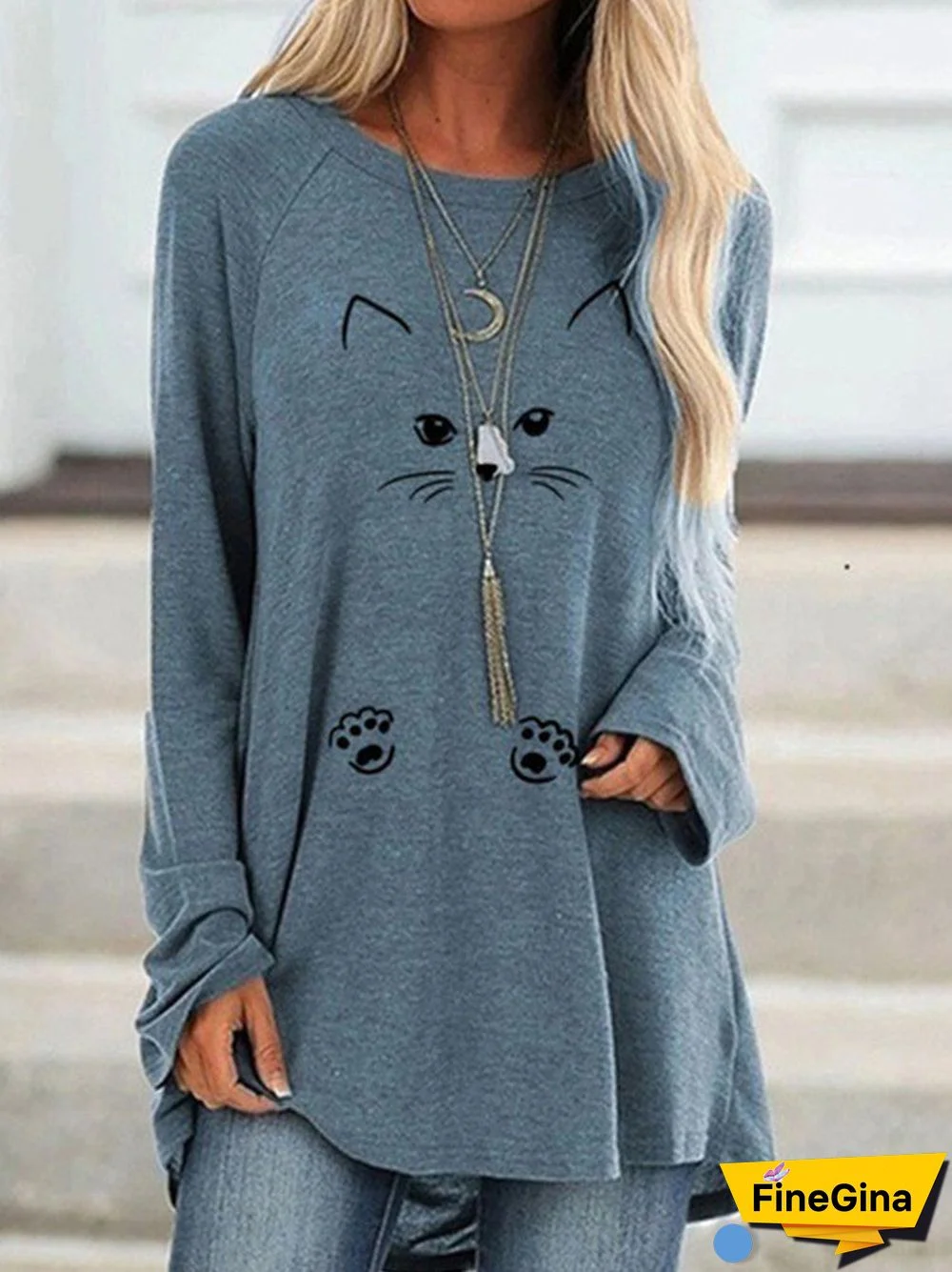 Women's Cat Printed Long Sleeve Scoop Neck Top