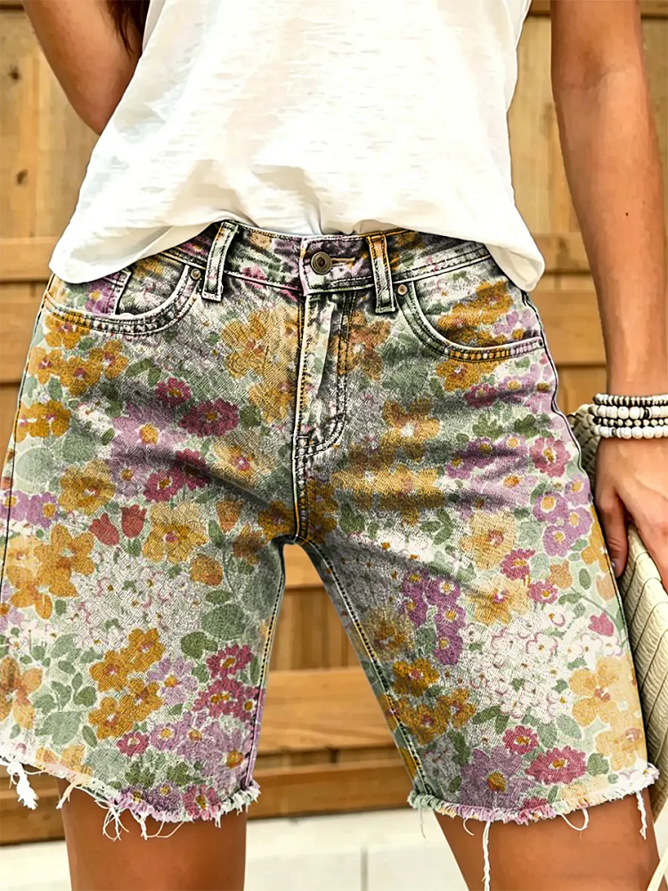Ethnicity Bohemia Flowers Women's Art Print Casual Denim Shorts