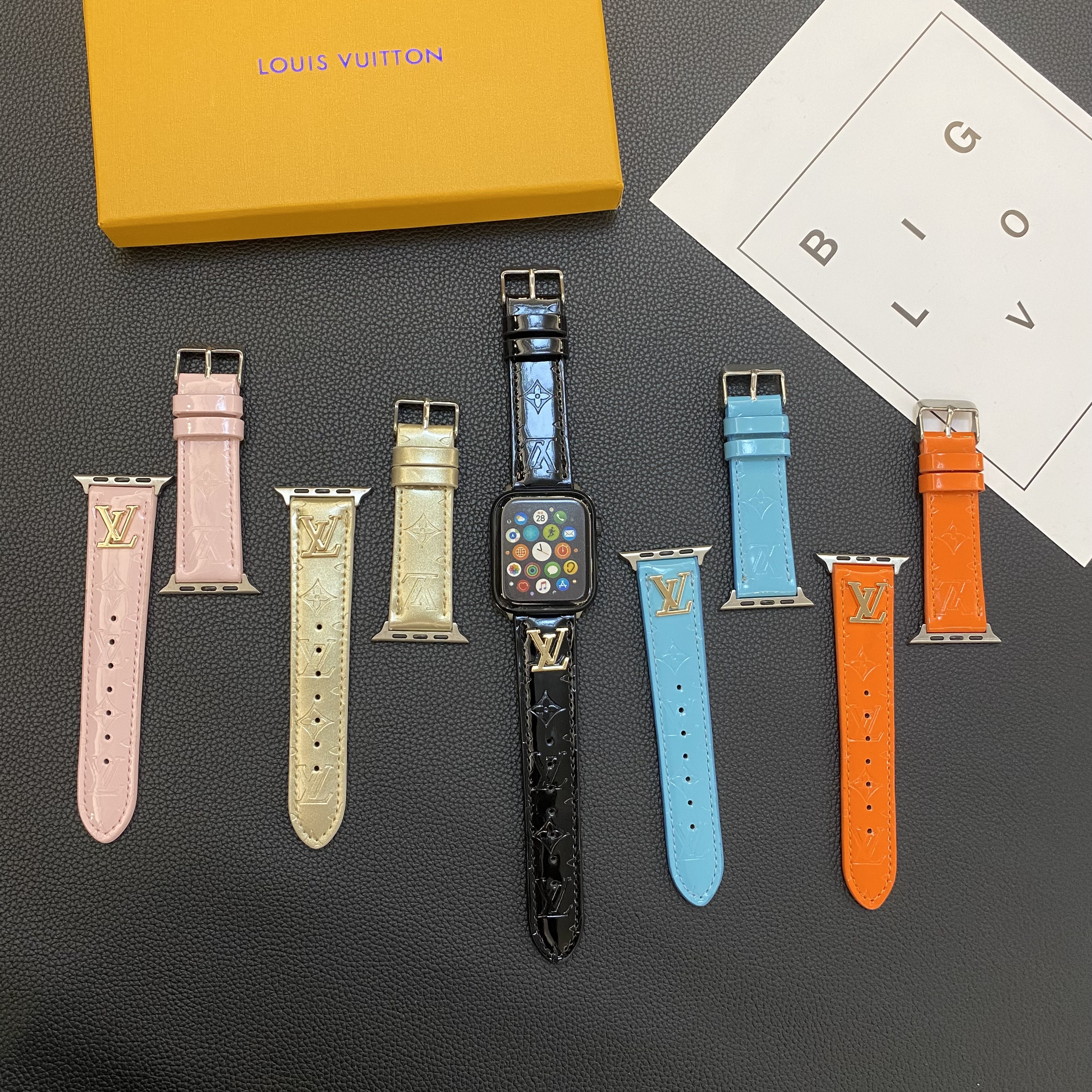 LV Glossy Leather Apple Watch Strap Luxury Metal Logo