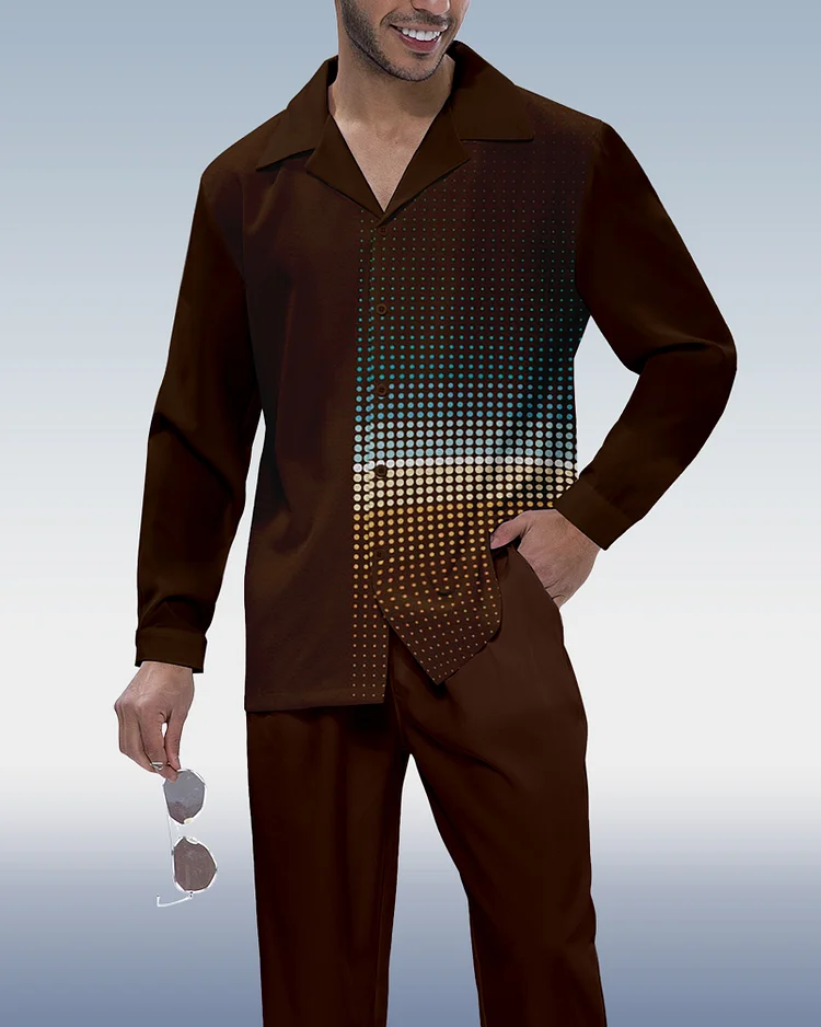 Men's Dark Brown Vintage Polka Dot Print Long Sleeve Walking Suit 234