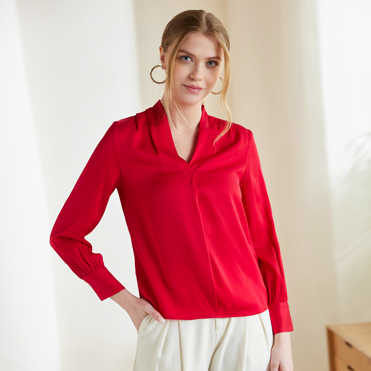 Spring V-neck Silk Shirt for Women REAL SILK LIFE