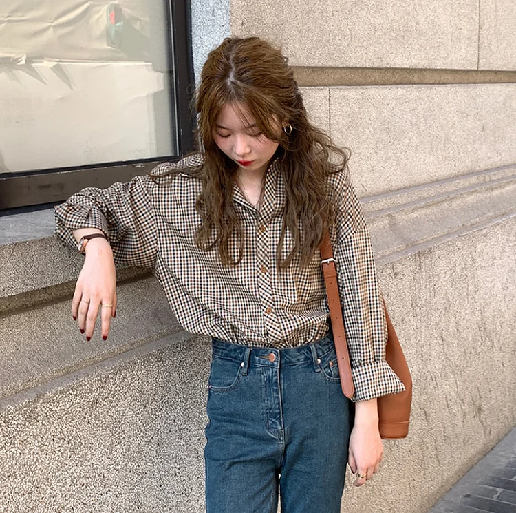 balloon sleeve elegant gingham stand collar blouse p161068