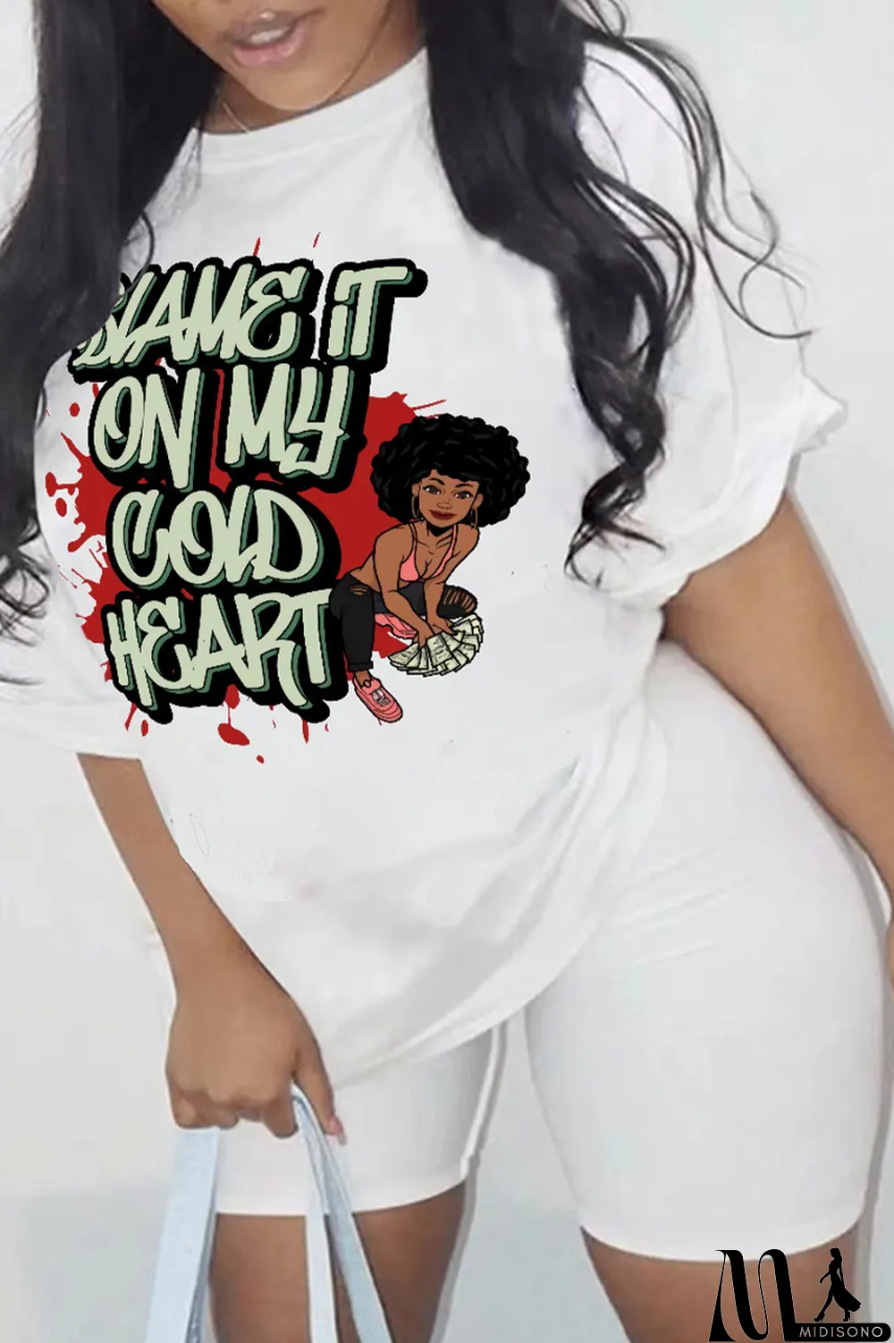 MidiSono - White Fashion Vintage Print Letter O Neck T-Shirts