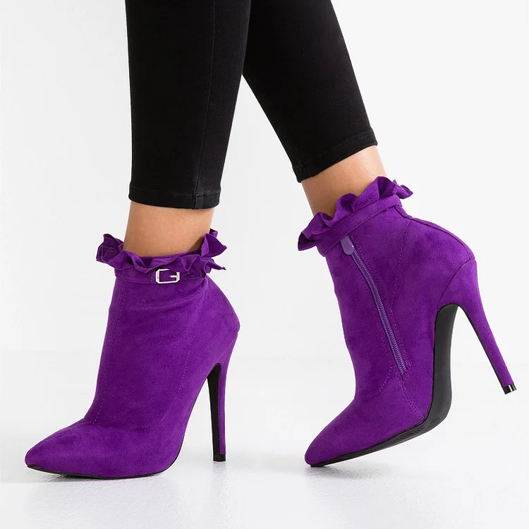 Purple Vegan Suede Ruffle Stiletto Heels Fashion Ankle Boots |FSJ Shoes