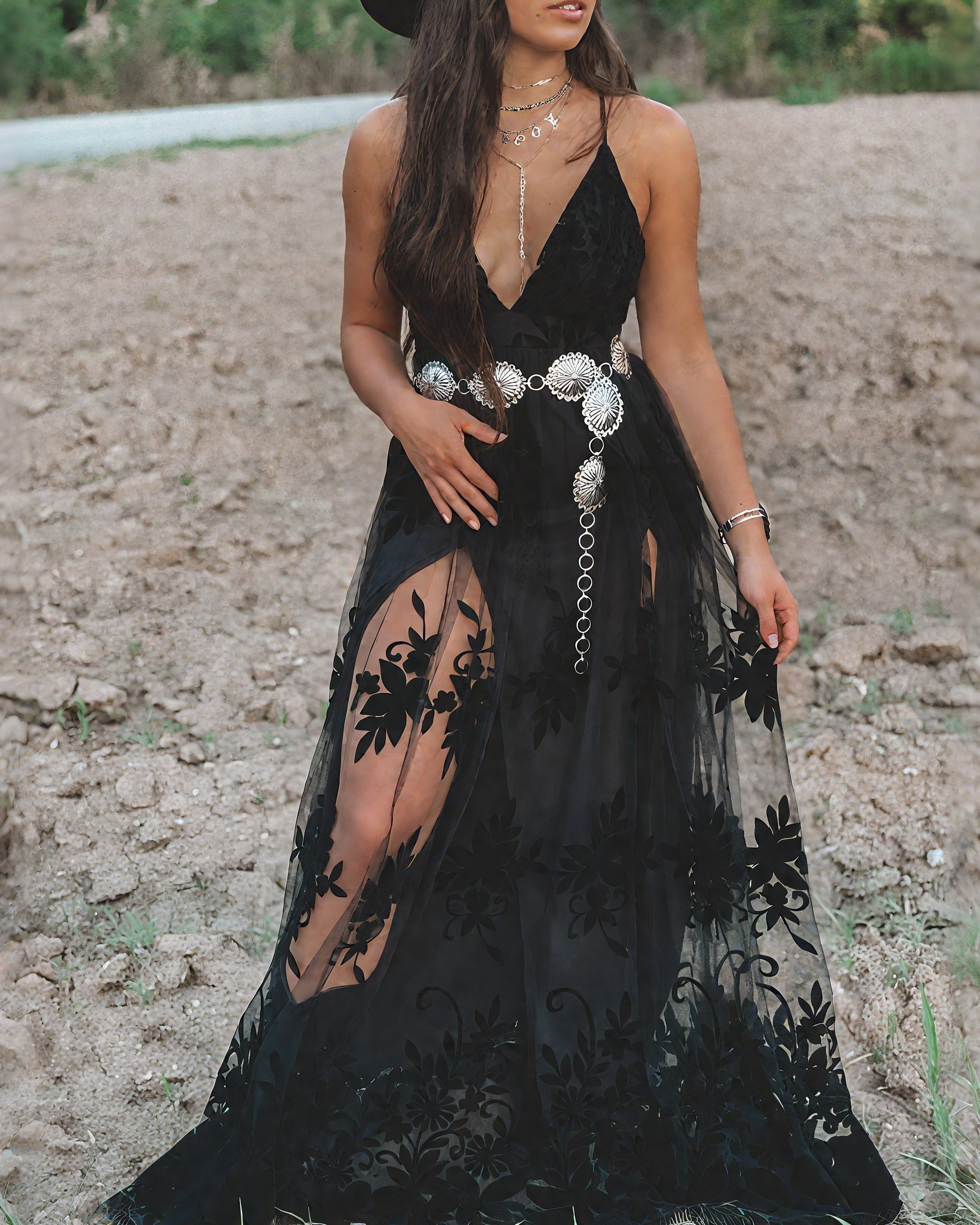 Sheer Tulle Floral Pattern Spaghetti Strap V Neck Maxi Dress