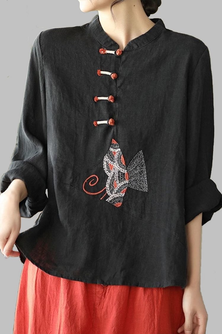 Vintage Frog Button Embroidery Long Sleeve Linen Top