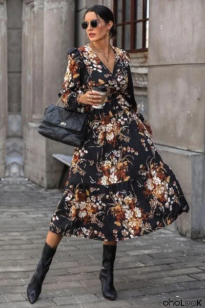 Floral Surplice Tie Front Ruffle Hem Midi Dress