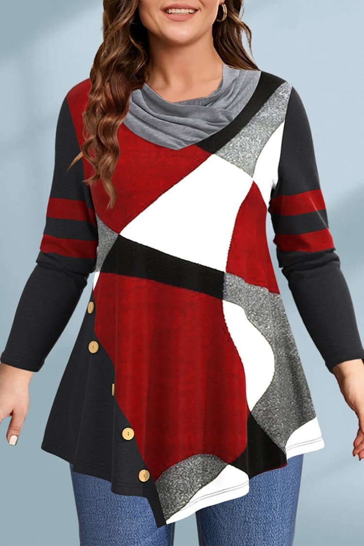 Flycurvy Plus Size Casual Burgundy Colorblock Patchwork Pleated Asymmetrical Hem Blouse  Flycurvy [product_label]