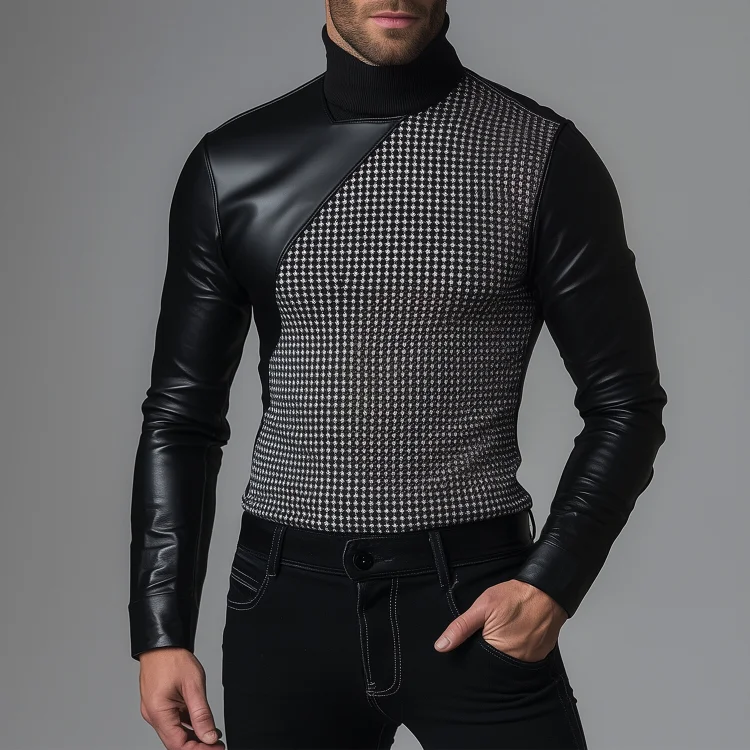 Okaywear High Neck PU Leather Patchwork Houndstooth Long Sleeve Top Okaywear