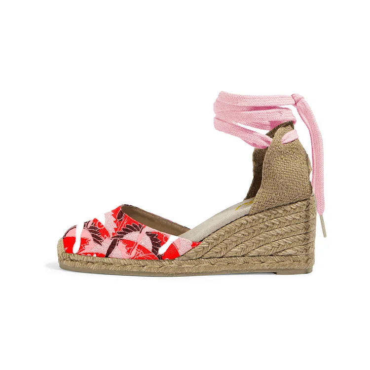 Red and Pink Ankle Wrap Closed Toe Espadrille Wedges Vdcoo