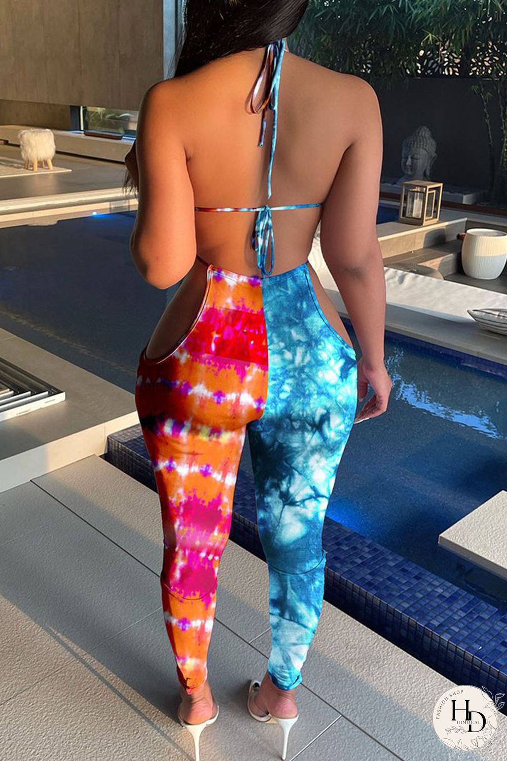 Red Blue Sexy Print Hollowed Out Split Joint Frenulum Backless Halter Skinny Jumpsuits