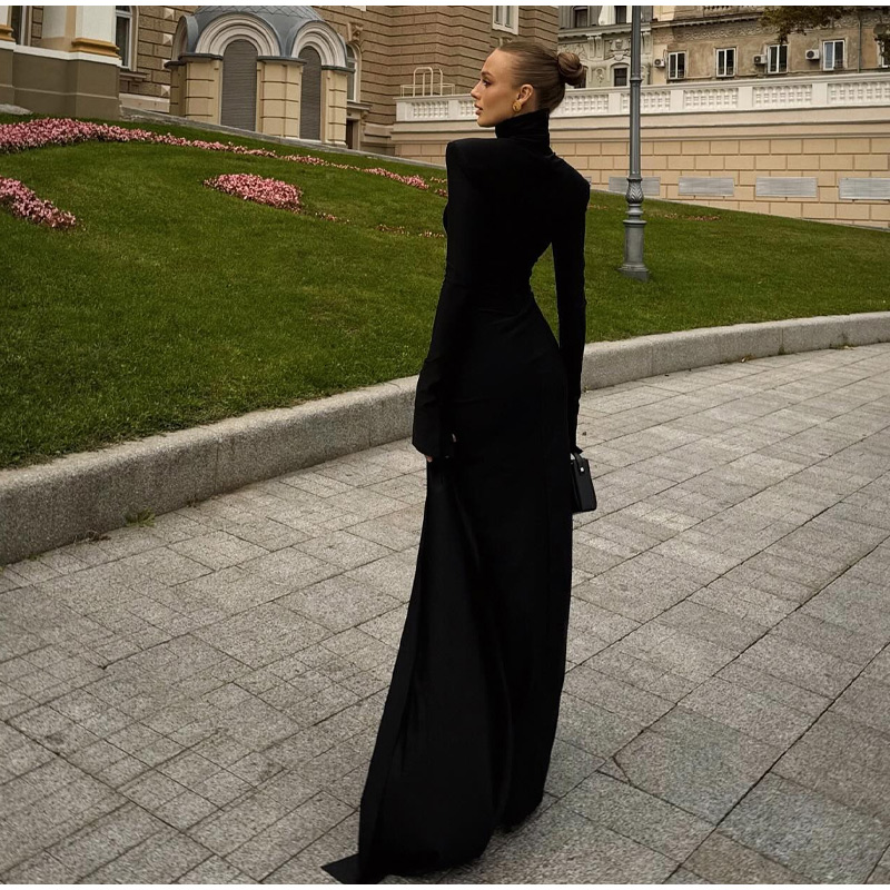 Elegant Black High Neck Bodycon Maxi Dresses Sexy O-neck Long Sleeve Shoulder Pad Lace Up Vestidos 2024 Autumn Lady Party Robes 9 Elegant Black High Neck Bodycon Maxi Dresses Sexy O-neck Long Sleeve Shoulder Pad Lace Up Vestidos 2024 Autumn Lady Party Robes