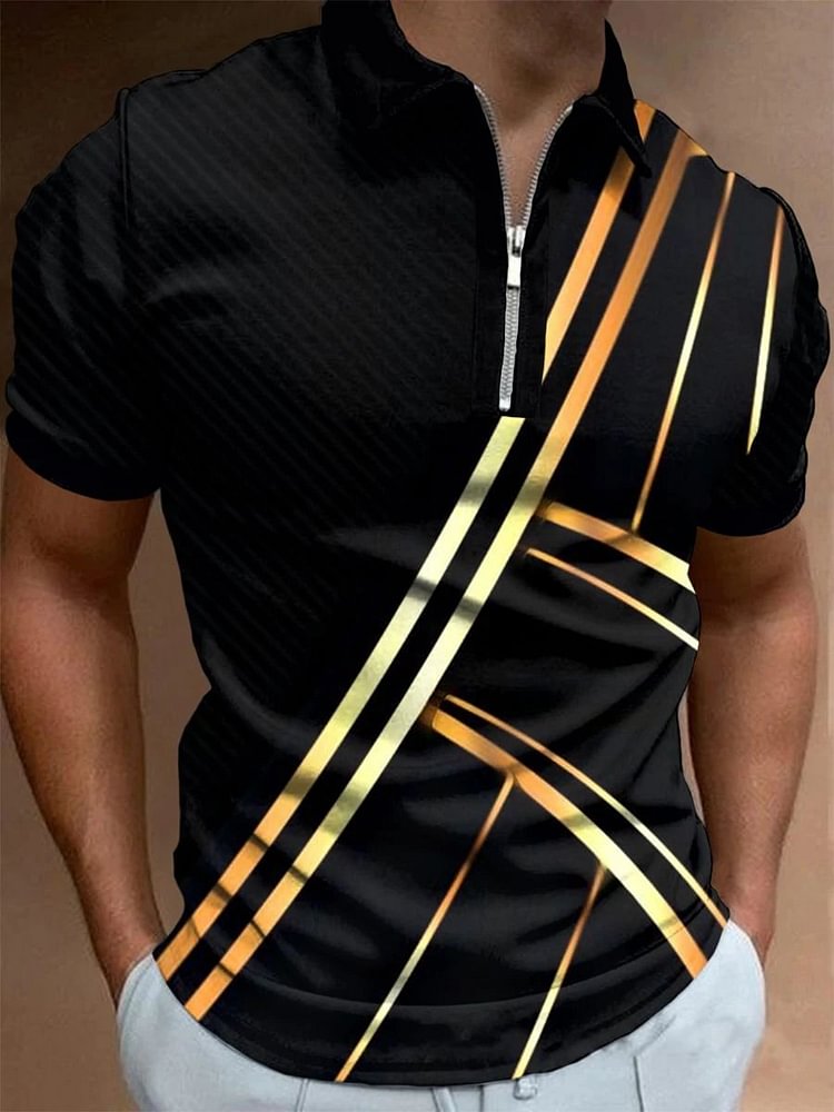 Men's Casual Gold Striped Short-Sleeved Polo Shirt