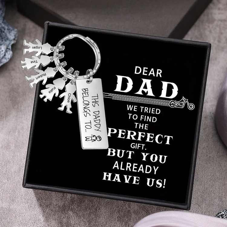 Personalized Keychain with 5 Kid Charms Father's Day Gift "This Daddy Belongs To" Custom Family Keyring