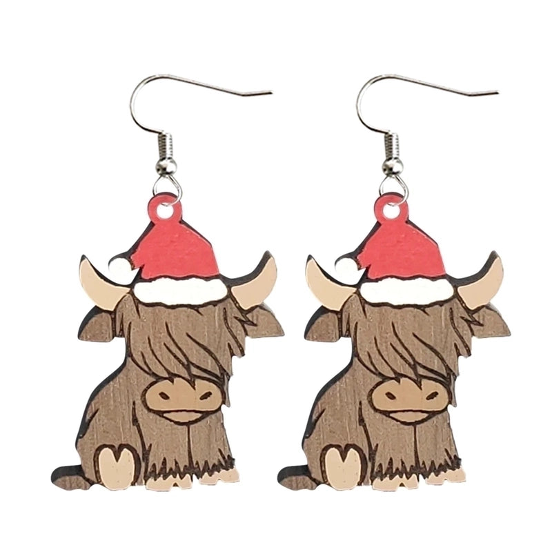 Retro Christmas Hat Cattle Wood Printing Christmas Women’s Earrings 1 Pair