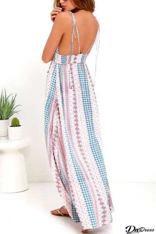 Print Backless V Neck Slip Maxi Dress