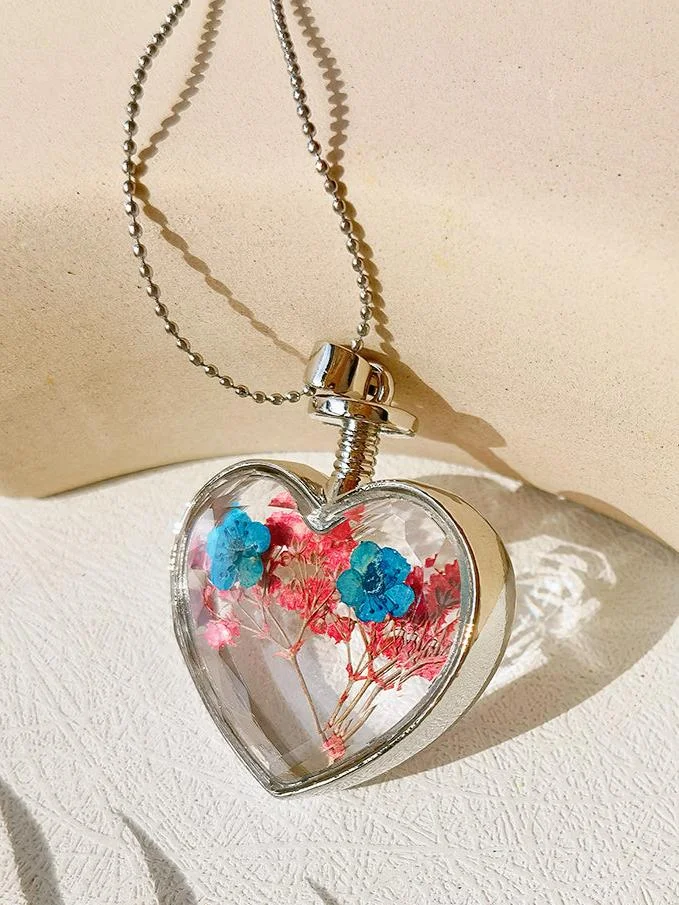 Flat Purple Red Flower Forget-Me-Not Crystal Glass Heart Necklace