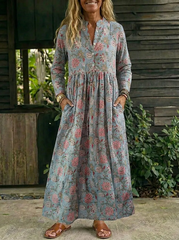 Women&rsquo;s Vintage Flower Print Cotton Maxi Dress