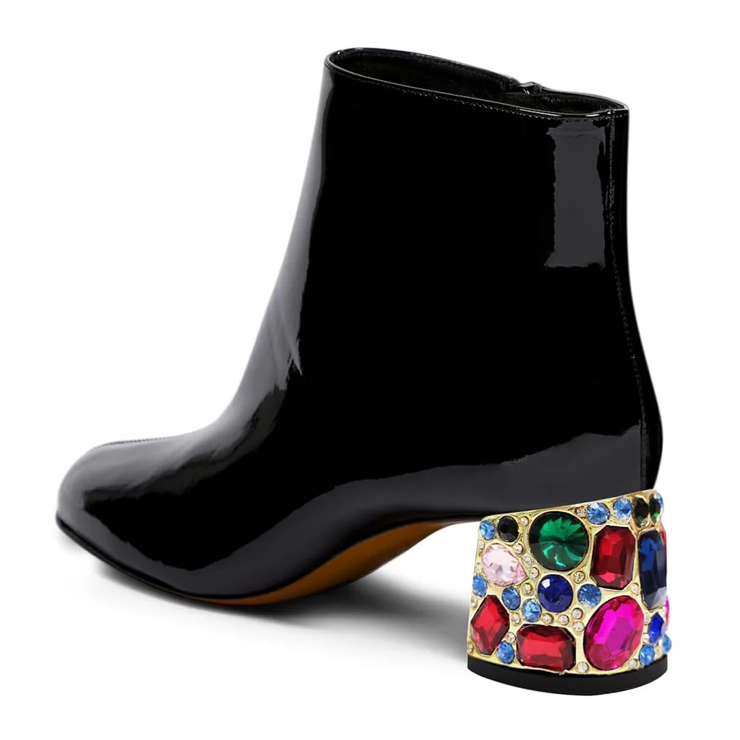 Patent Round Toe Rhinestone Block Heel Zipper Ankle Boots in Black