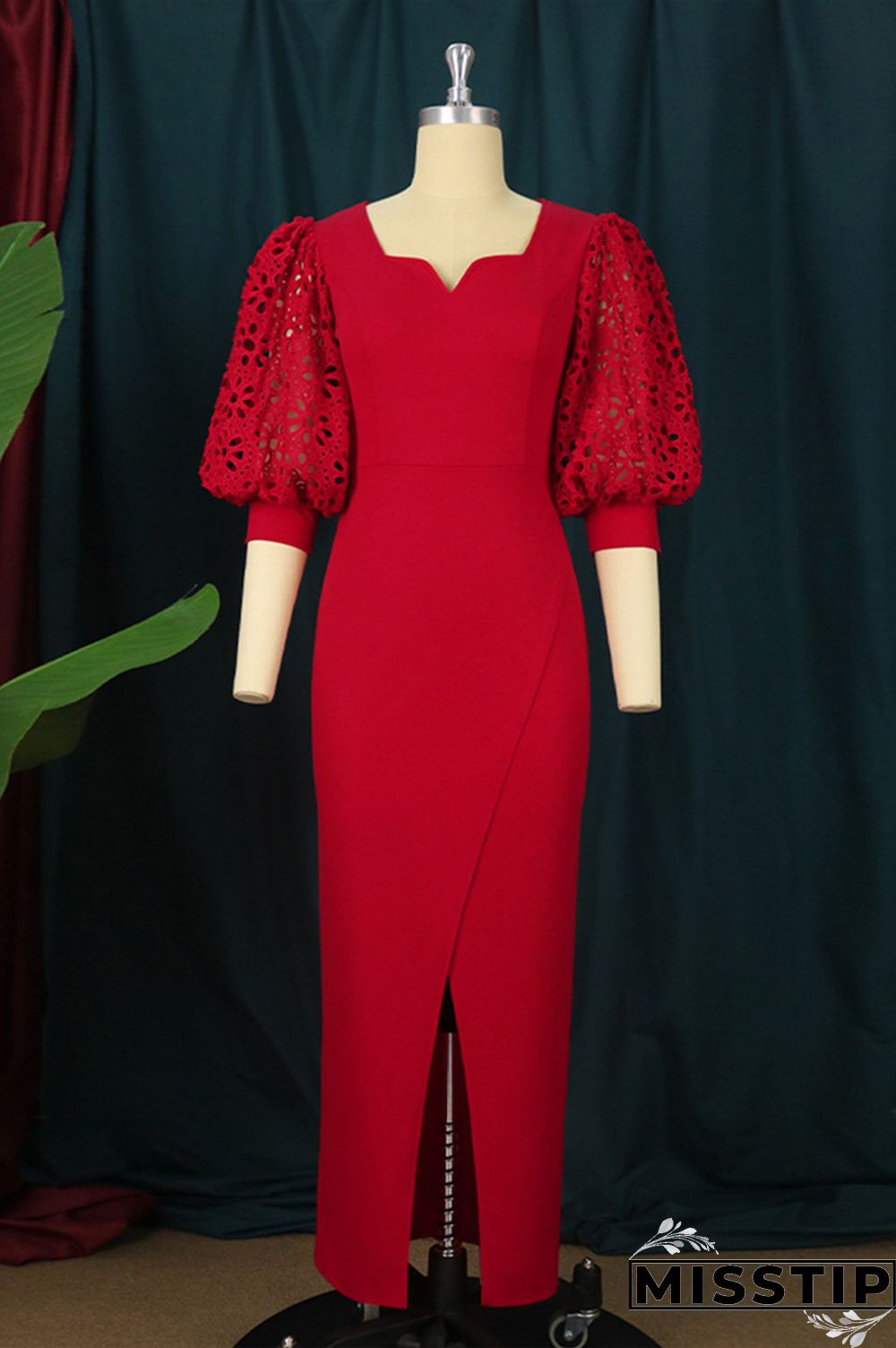 Red Fashion Casual Solid Patchwork Slit V Neck Evening Dress Dresses